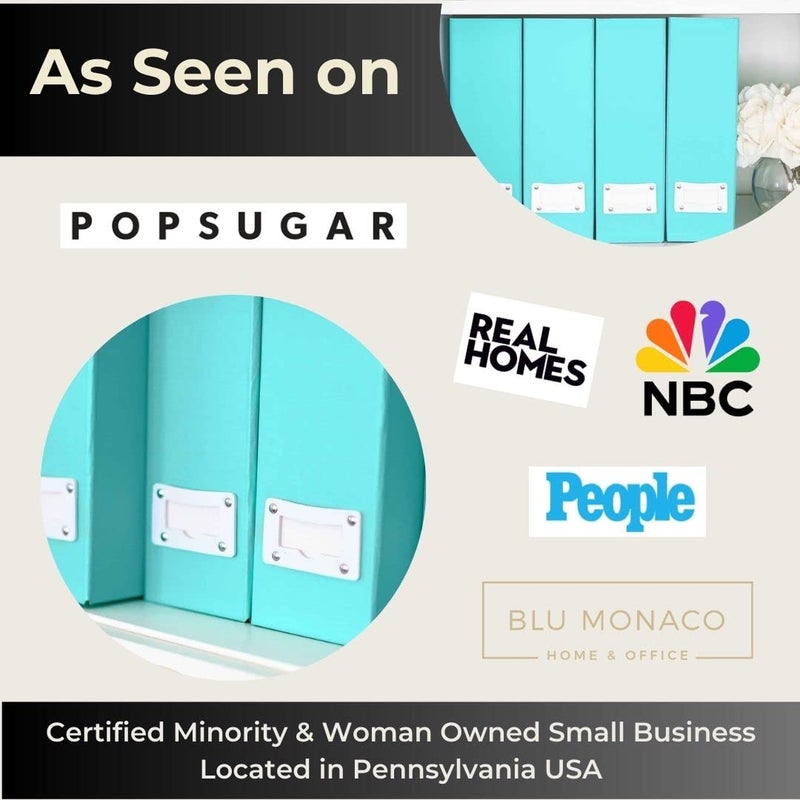 BLU MONACO Set of 6 Aqua Magazine File Holders | Foldable Magazine Storage Boxes with White Leather Label Holders | Vertical File Organizer for Desk, Shelves & Home Office - Image 3